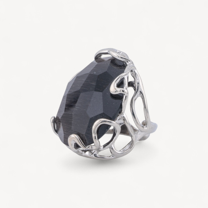 Anello Regolabile in Bronzo Rodiato Collezione AURORA-1 con Occhio Di Gatto Grigio Scuro | Gioiello Artigianale Donna 28x32mm