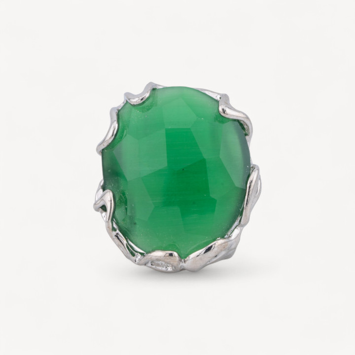 Anillo De Bronce Con Ojo De Gato Irregular 28x32mm Tamaño Ajustable Baño De Rodio Verde