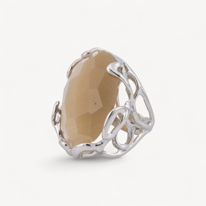 Anello Regolabile in Bronzo Rodiato Collezione AURORA-1 con Occhio Di Gatto Ocra | Gioiello Artigianale Donna 28x32mm