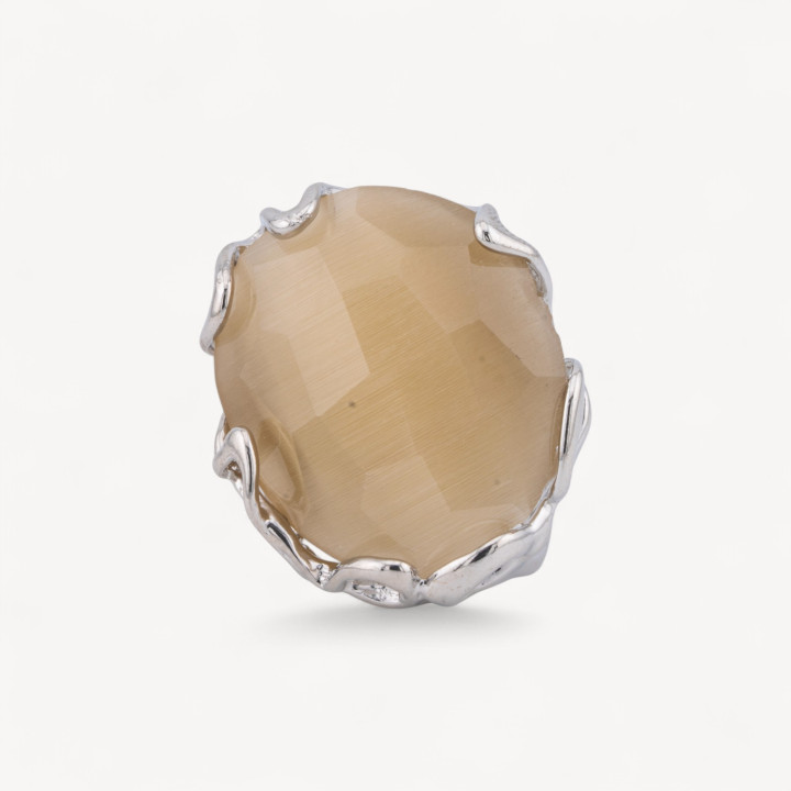 Anello Regolabile in Bronzo Rodiato Collezione AURORA-1 con Occhio Di Gatto Ocra | Gioiello Artigianale Donna 28x32mm