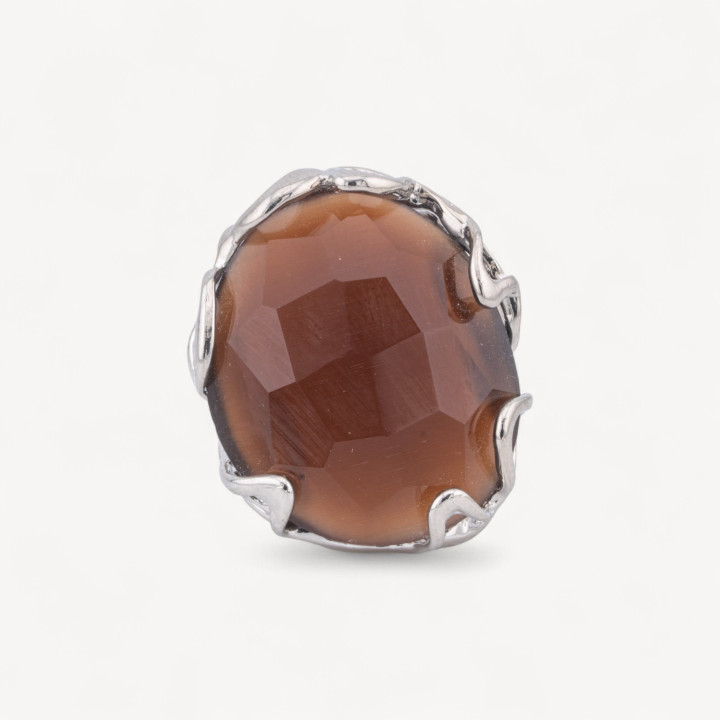 Bague Bronze Oeil de Chat Irrégulier 28x32mm Taille Ajustable Plaqué Rhodium Violet