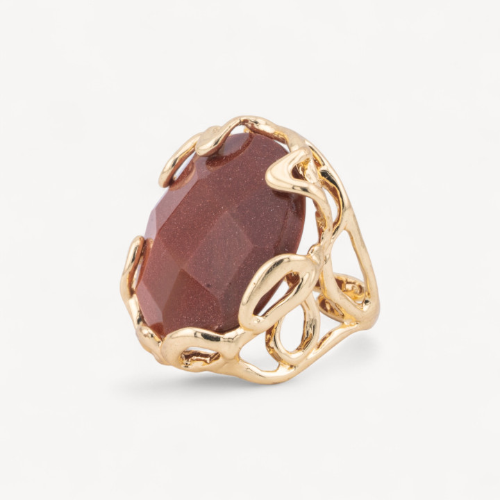 Anello Regolabile in Bronzo Dorato Collezione AURORA-1 con Pietre Dure   Tondo Pietra Del Sole Synt | Gioiello Artigianale Donn