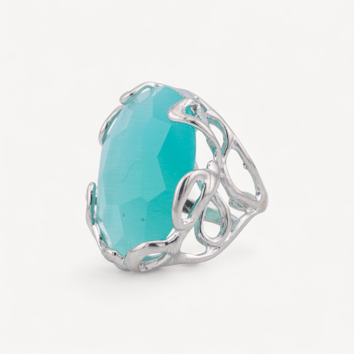 Bronze Ring With Irregular Cat's Eye 28x32mm Adjustable Size Rhodium Plated Water