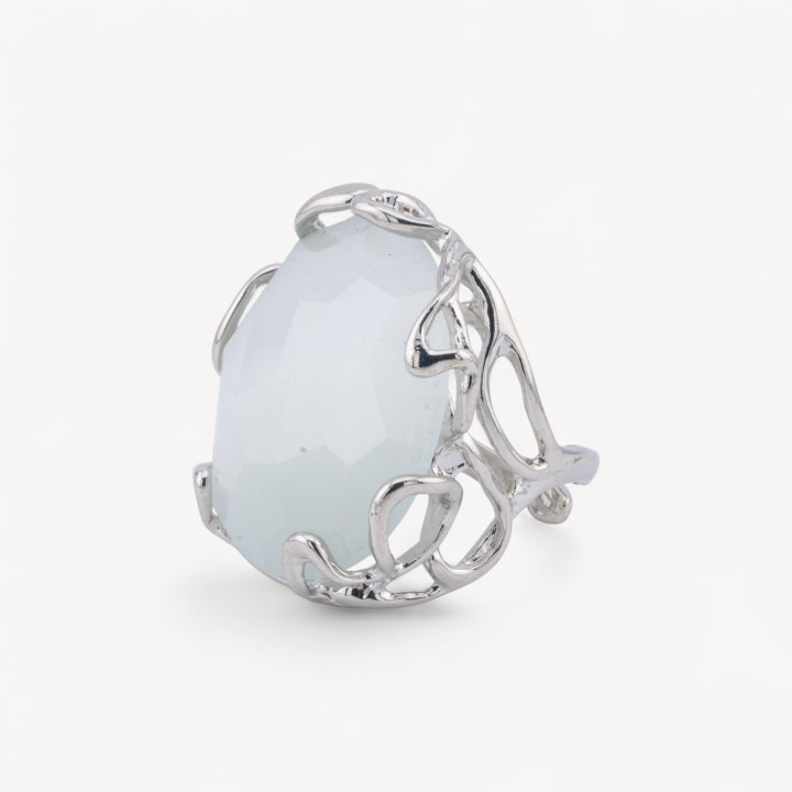 Anillo De Bronce Con Ojo De Gato Irregular 28x32mm Tamaño Ajustable Baño De Rodio Blanco