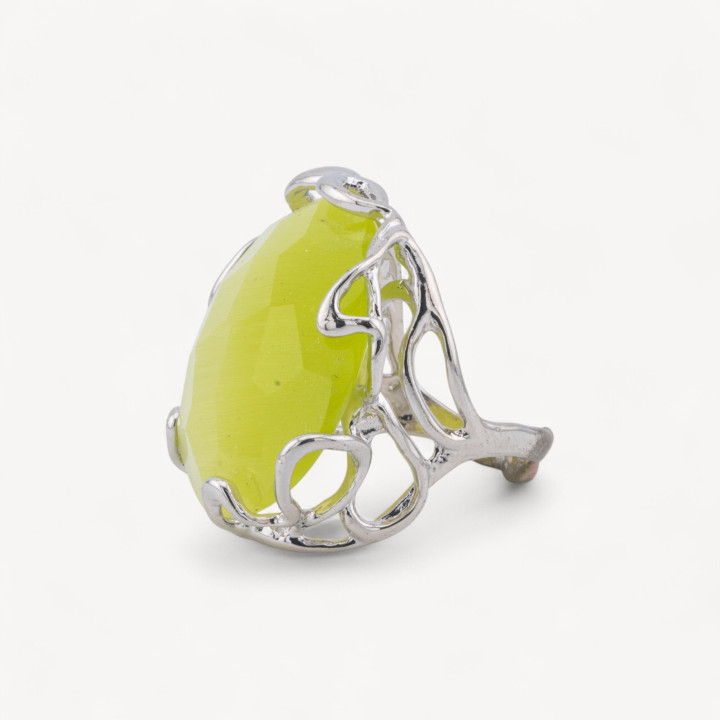 Bronze Ring With Irregular Cat's Eye 28x32mm Adjustable Size Rhodium Plated Lime Yellow