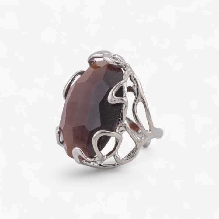 Anillo De Bronce Con Ojo De Gato Irregular 28x32mm Tamaño Ajustable Baño De Rodio Morado