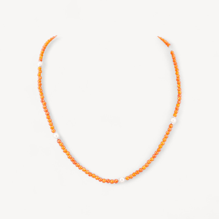 Collana Girocollo Di Zirconi E Perle Di Maiorca Con Chiusura in Argento 925 Rodiato 41cm + 5,5cm Arancione