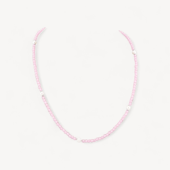 Collana Girocollo Di Zirconi E Perle Di Maiorca Con Chiusura in Argento 925 Rodiato 41cm + 5,5cm Rosa