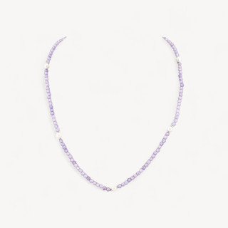 Collana Girocollo Di Zirconi E Perle Di Maiorca Con Chiusura in Argento 925 Rodiato 41cm + 5,5cm Viola