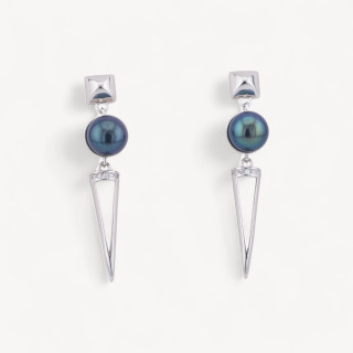 Orecchini In Argento 925 Con Zirconi E Perle Di Fiume Nere Tahiti Rodiati