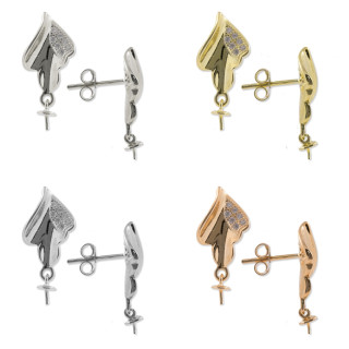 Base Pour Boucles D'oreilles En Argent 925 Avec Broche Zircons Feuille Inversée 9x17mm 3 Paires Rhodié