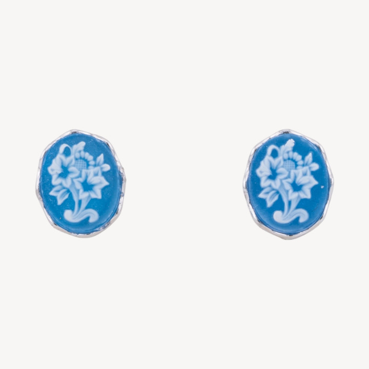 Orecchini Perno In Argento 925 Con Cammei con Fiori Blu