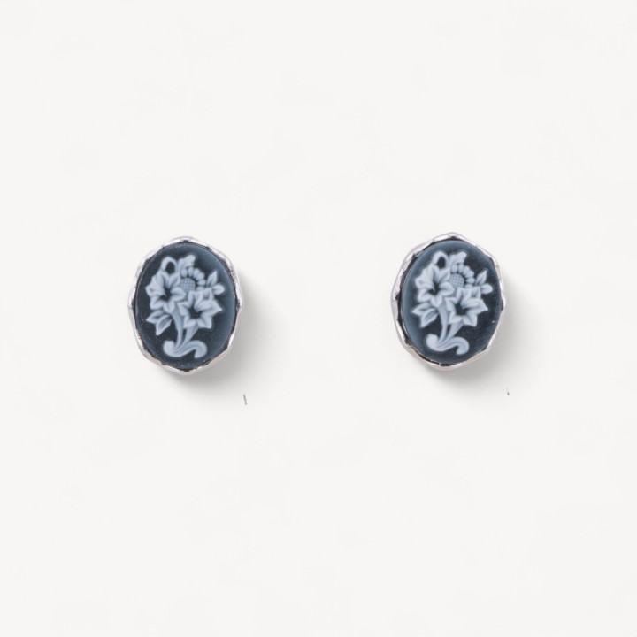 Orecchini Perno In Argento 925 Con Cammei con Fiori Nero