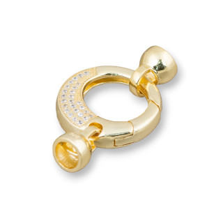 Chiusura Di Argento 925 Con Zirconi Micropave A Scatto Tondo 20x33mm Con Coppette Da 7,5mm 1pz Dorato