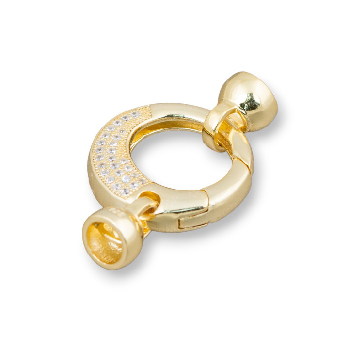 Chiusura Di Argento 925 Con Zirconi Micropave A Scatto Tondo 20x33mm Con Coppette Da 7,5mm 1pz Dorato