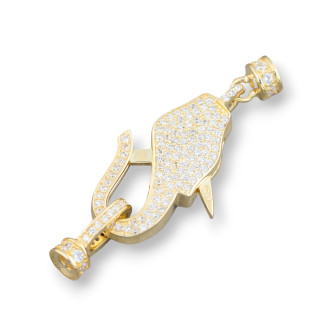 Chiusura Di Argento 925 Con Zirconi Micropave Multifilo Moschettone 16x40mm Con Coppette Da 5mm 1pz Dorato
