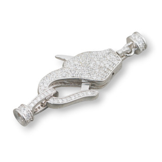 Chiusura Di Argento 925 Con Zirconi Micropave Multifilo Moschettone 16x40mm Con Coppette Da 5mm 1pz Rodiato
