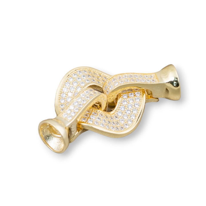 Chiusura Di Argento 925 Con Zirconi Micropave Tondo Forato Ondulato 33x18mm 1pz Dorato
