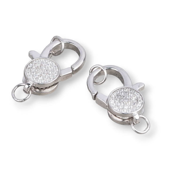 Chiusura Di Argento 925 Con Zirconi Micropave' 13x18mm Gancio Moschettone 2pz Rodiato