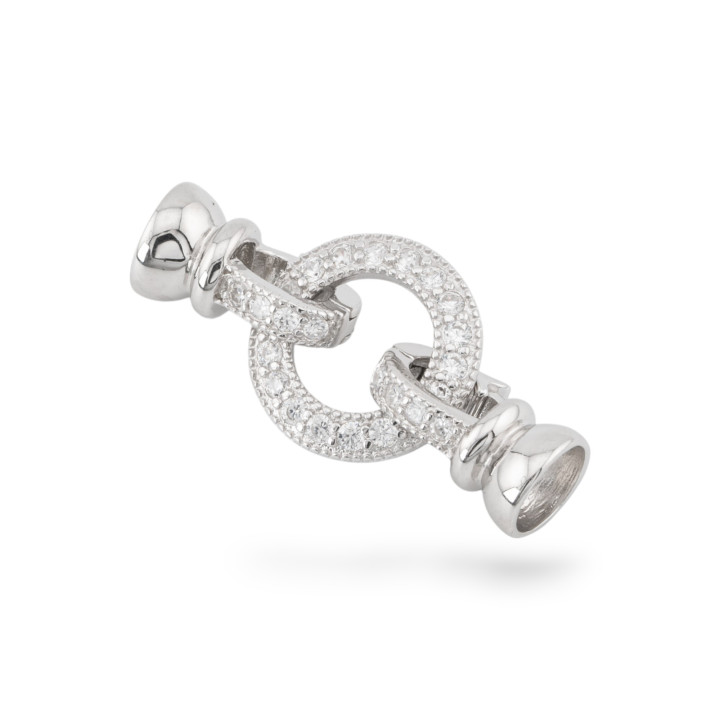 Chiusura Di Argento 925 Con Zirconi Tondo 14x30mm Con Coppette da 7,5mm 1pz Rodiato