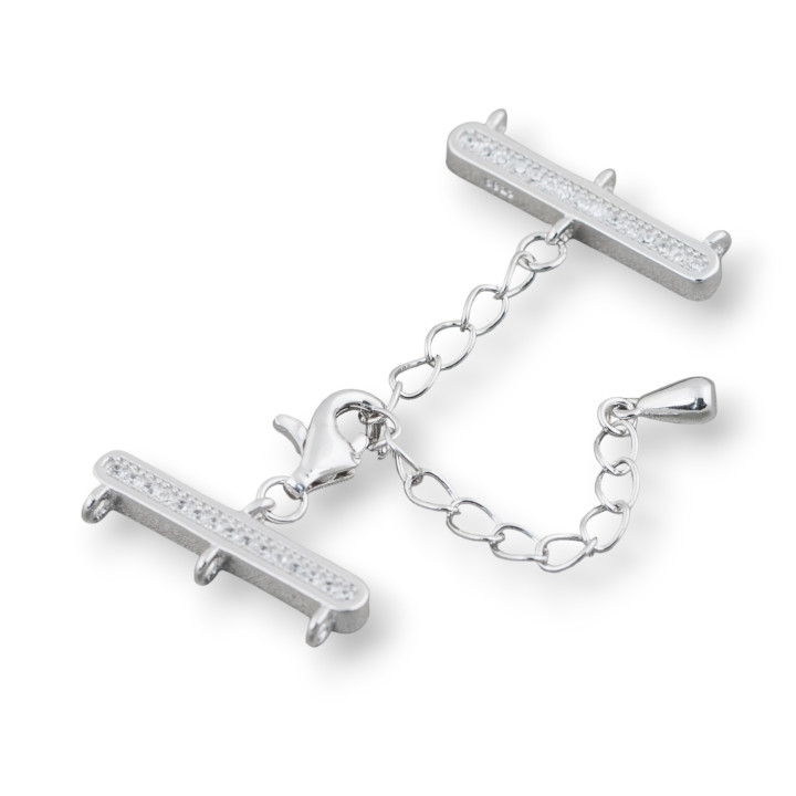 Chiusura Di Argento 925 Multifilo A 3 Fili Con Zirconi 7x18mm Con Catena Regolabile 4cm 2pz Rodiato