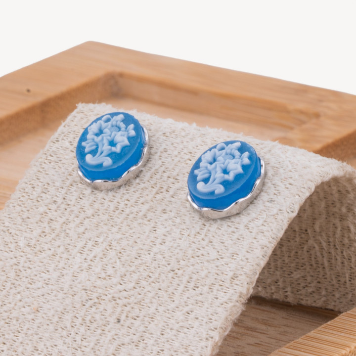 Orecchini Perno In Argento 925 Con Cammei con Fiori Blu