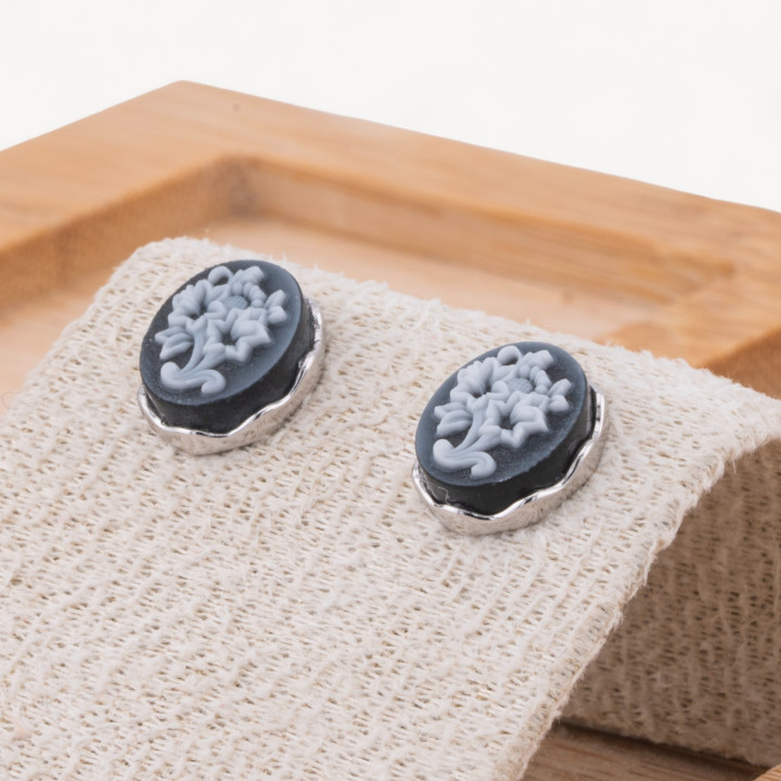 Orecchini Perno In Argento 925 Con Cammei con Fiori Nero