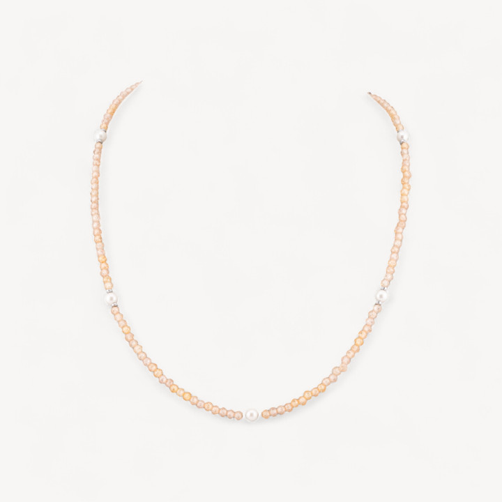 Collana Girocollo Di Zirconi E Perle Di Maiorca Con Chiusura in Argento 925 Rodiato 41cm + 5,5cm