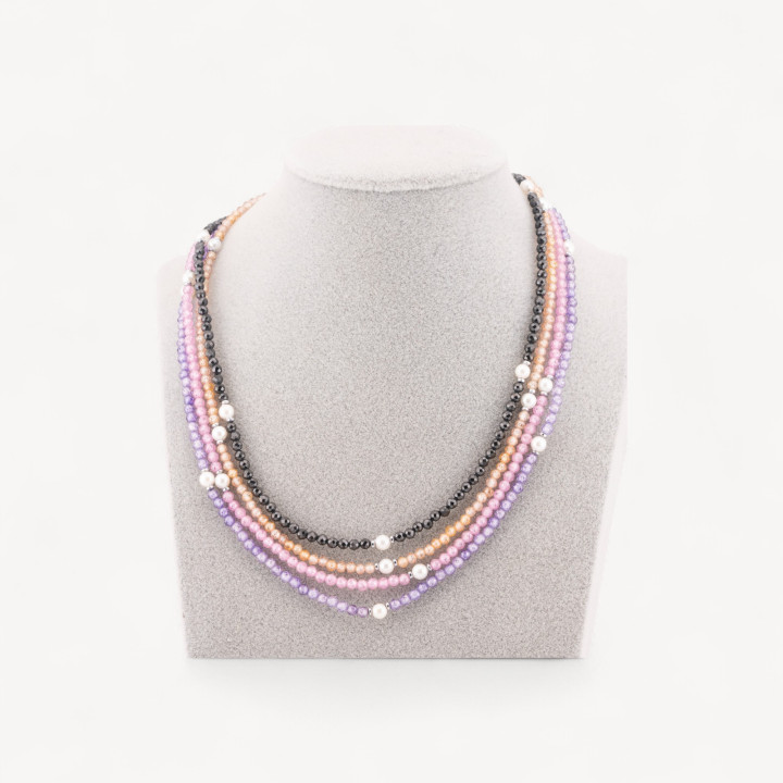 Collana Girocollo Di Zirconi E Perle Di Maiorca Con Chiusura in Argento 925 Rodiato 41cm + 5,5cm