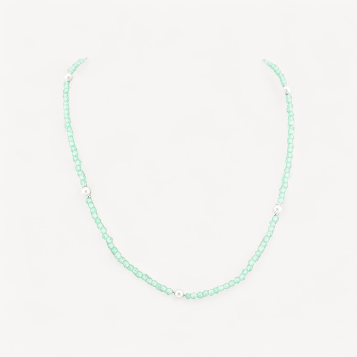 Collana Girocollo Di Zirconi E Perle Di Maiorca Con Chiusura in Argento 925 Rodiato 41cm + 5,5cm