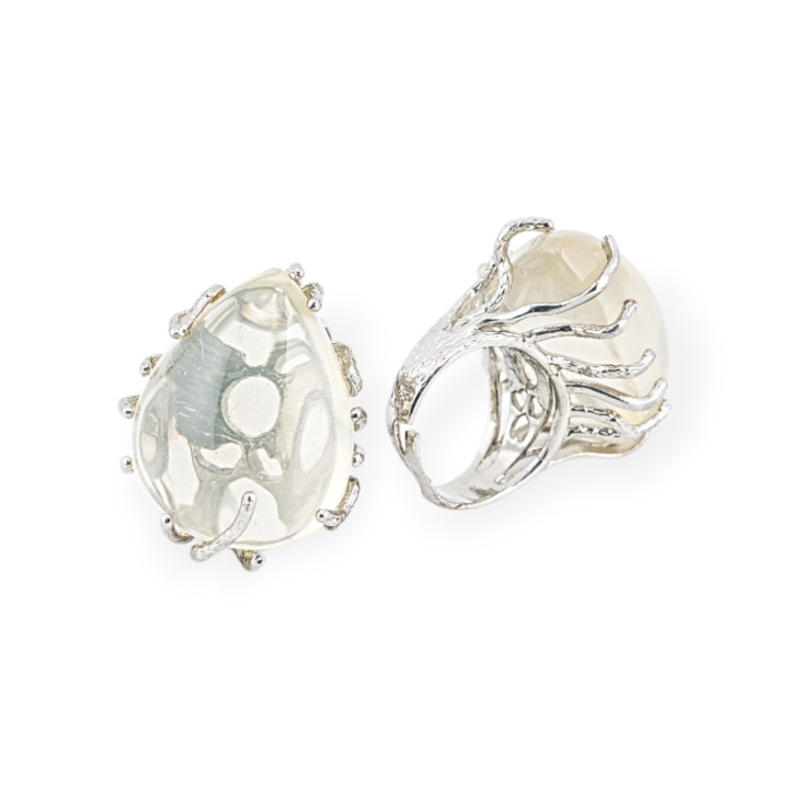 Anello Di Bronzo Con Pietre Dure Misura Regolabile 20-34mm Rodiato Quarzo Lemon