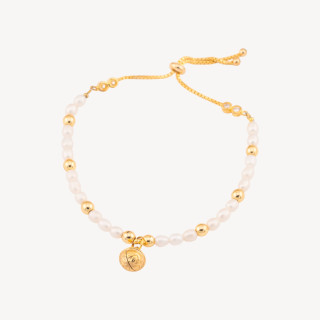 Bracciale Di Argento 925 Con Perle Di Fiume E Ematite Con Pendente Campana E Chiusura Sali E Scendi Dorato