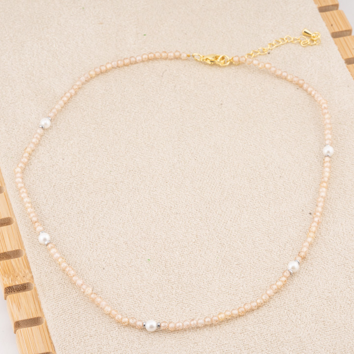 Collana con Cristalli Beige E Perle Di Maiorca Con Chiusura e Catenina In Acciaio Dorato 10pz