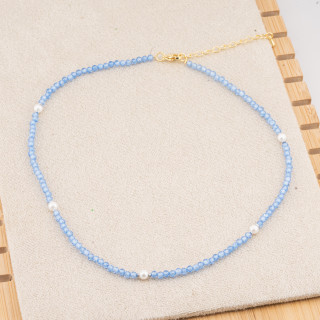 Collana con Cristalli Blu E Perle Di Maiorca Con Chiusura e Catenina In Acciaio Dorato 10pz