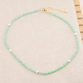 Collana con Cristalli Verdi Chiaro E Perle Di Maiorca Con Chiusura e Catenina In Acciaio Dorato 10pz