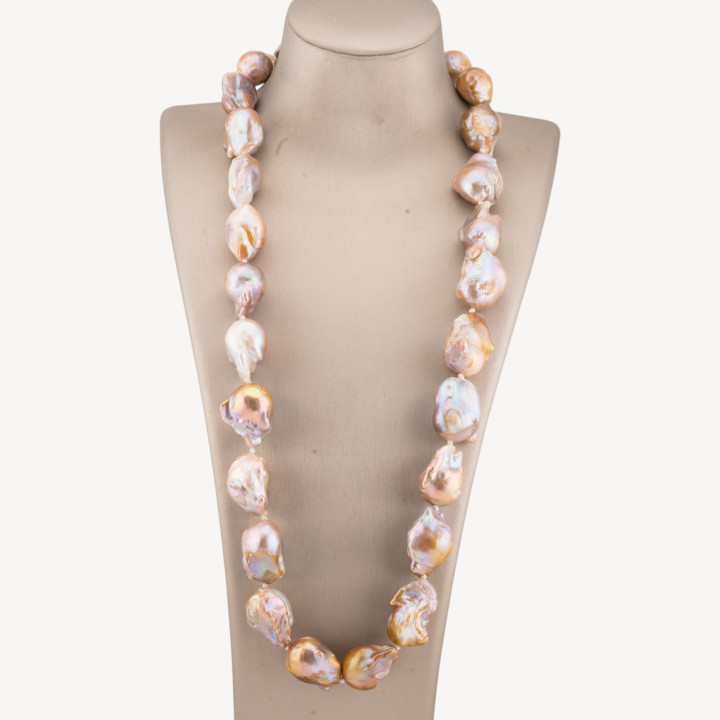 Collana Di Perle Di Fiume Barocche con Chiusura a Moschettone in Acciaio 160-200gr 65cm