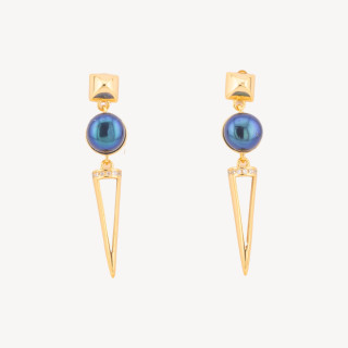 Orecchini In Argento 925 Con Zirconi E Perle Di Fiume Nere Tahiti Dorati