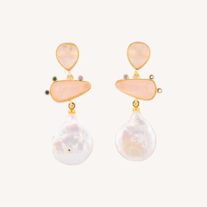 Orecchini In Bronzo Con Pietre Dure E Pendente Di Perle Barocche 18,5x50mm