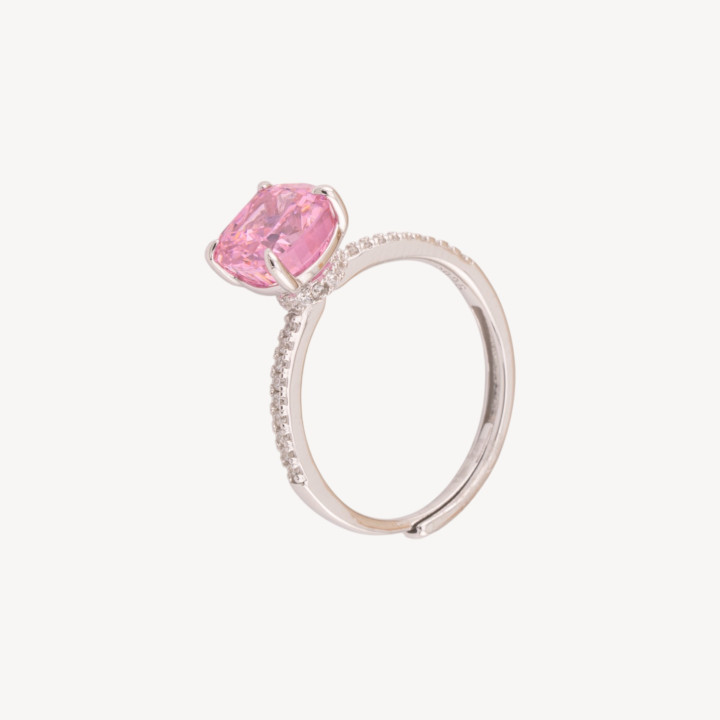Anello Gioiello In Argento 925 Regolabile Con Corindone Sintetico Quadrato Rosa Rodiato JL200046