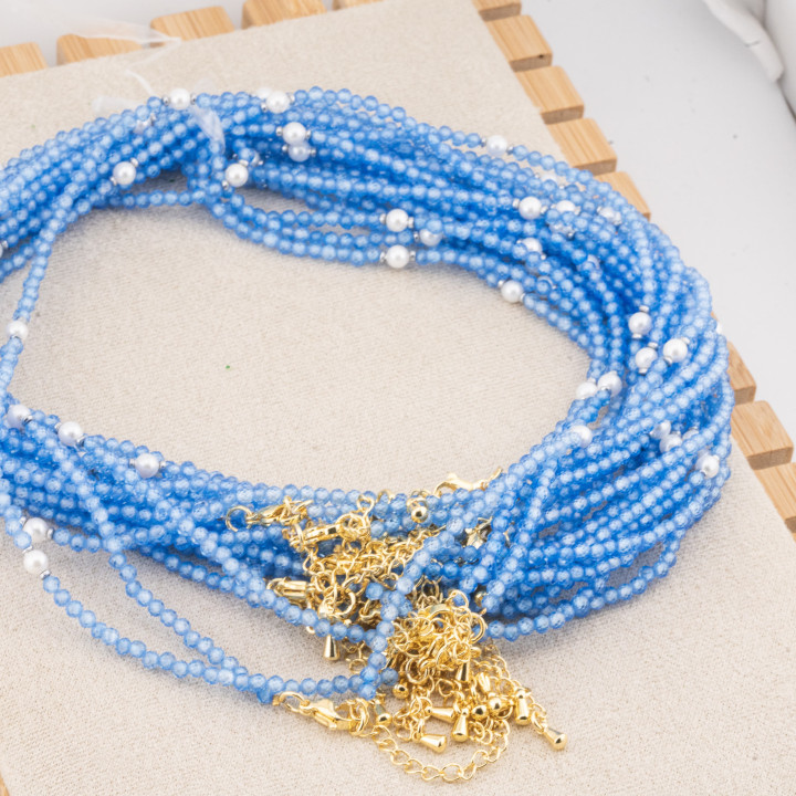 Collana con Cristalli Blu E Perle Di Maiorca Con Chiusura e Catenina In Acciaio Dorato 10pz