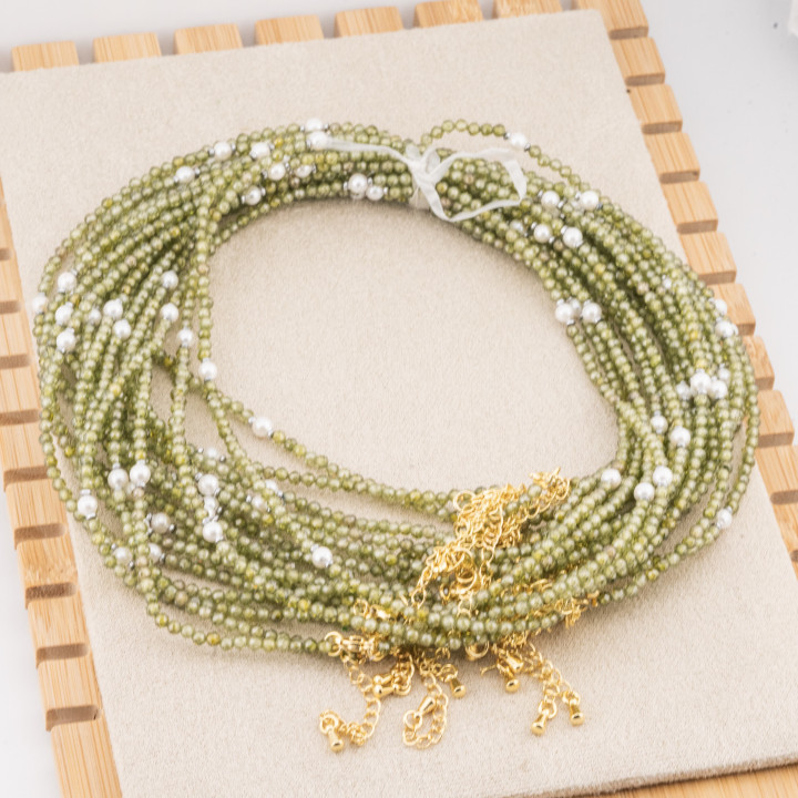 Collana con Cristalli Oliva E Perle Di Maiorca Con Chiusura e Catenina In Acciaio Dorato 10pz