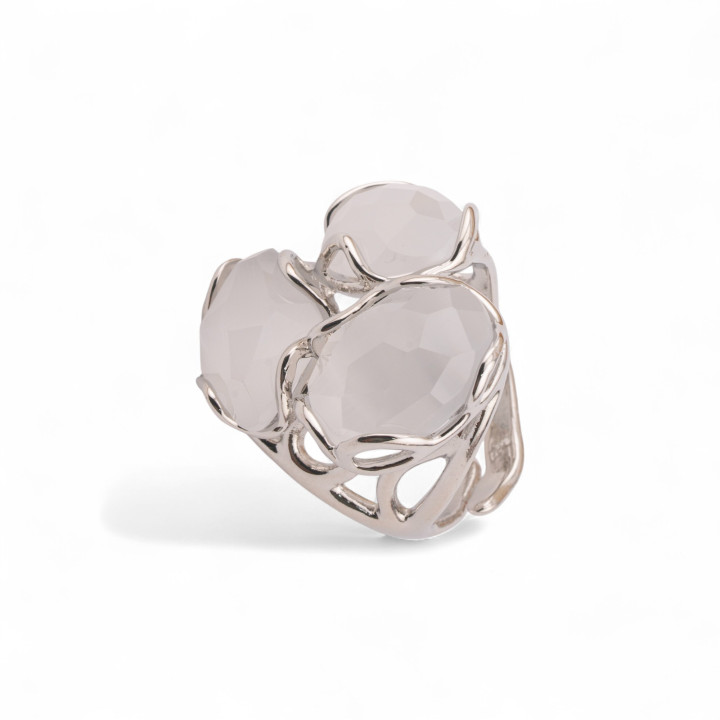 Anello Regolabile in Bronzo Rodiato Collezione Aurora-S 25x27mm Con Occhio Di Gatto Bianco Trasparente | Gioiello Artigianale D