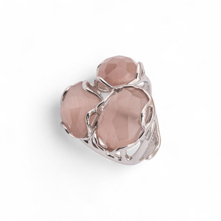 Anello Regolabile in Bronzo Rodiato Collezione Aurora-S 25x27mm Con Occhio Di Gatto Cipria | Gioiello Artigianale Donna 32x36mm