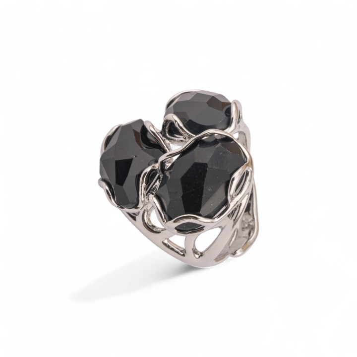 Anello Regolabile in Bronzo Rodiato Collezione Aurora-S 25x27mm Con Occhio Di Gatto Nero | Gioiello Artigianale Donna 32x36mm