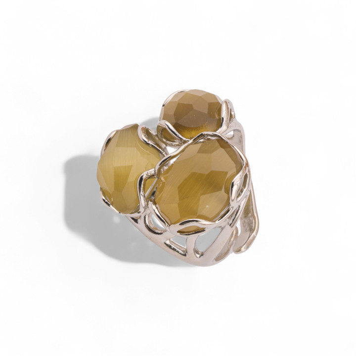 Anello Regolabile in Bronzo Rodiato Collezione Aurora-S 25x27mm Con Occhio Di Gatto Senape | Gioiello Artigianale Donna 32x36mm