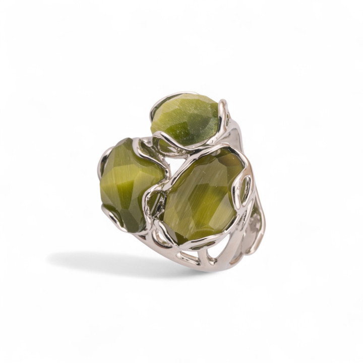 Anello Regolabile in Bronzo Rodiato Collezione Aurora-S 25x27mm Con Occhio Di Gatto Verde Bosco | Gioiello Artigianale Donna 32
