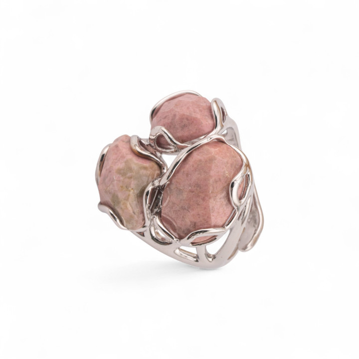 Anello Regolabile in Bronzo Rodiato Collezione Aurora-S 25x27mm Con Pietre Dure Rodonite | Gioiello Artigianale Donna 32x36mm