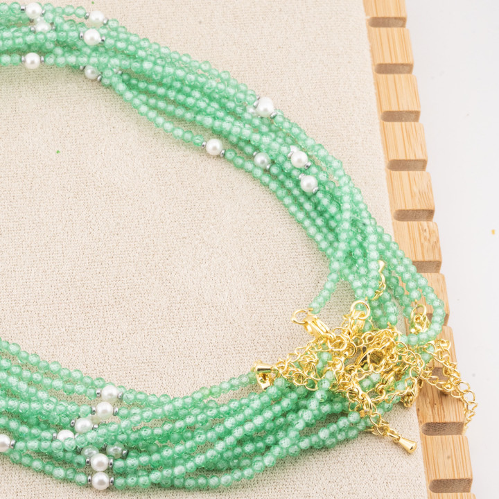 Collana con Cristalli Verdi Chiaro E Perle Di Maiorca Con Chiusura e Catenina In Acciaio Dorato 10pz