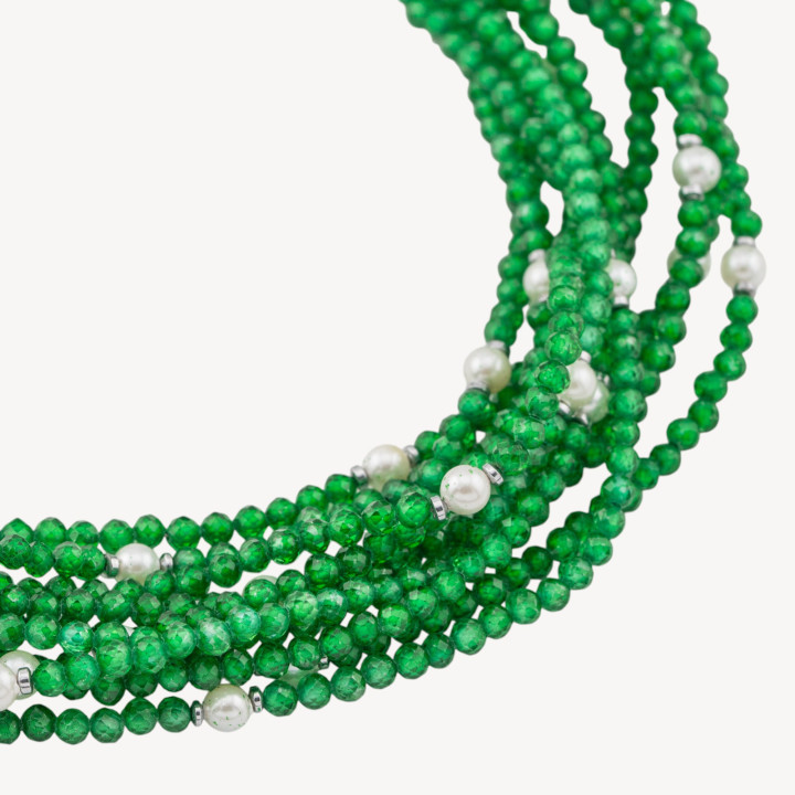 Collana con Cristalli Smeraldo E Perle Di Maiorca Con Chiusura e Catenina In Acciaio Dorato 10pz