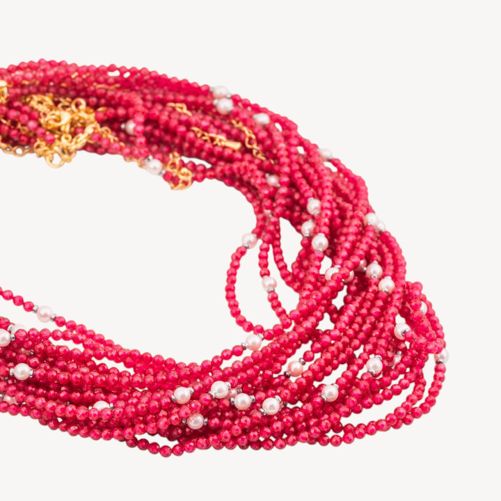 Collana con Cristalli Rossi E Perle Di Maiorca Con Chiusura e Catenina In Acciaio Dorato 10pz
